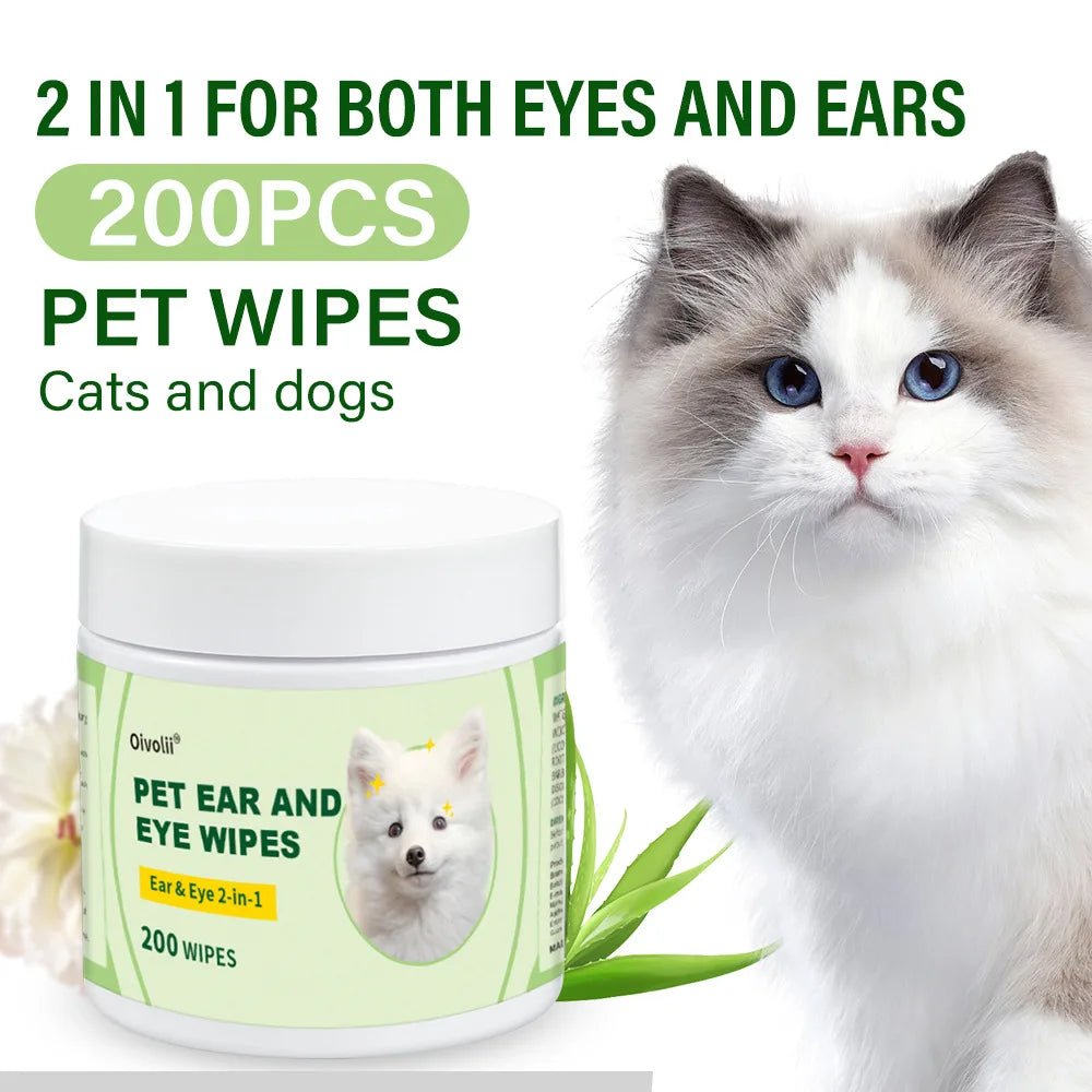 2-In-1 Pet Ear and Eye Wipes, 200 Count Mild Formula,Gentle Cleaning for Dogs and Cats Mite Removal Cat and Dog Ear Eye Cleaning - Petguard