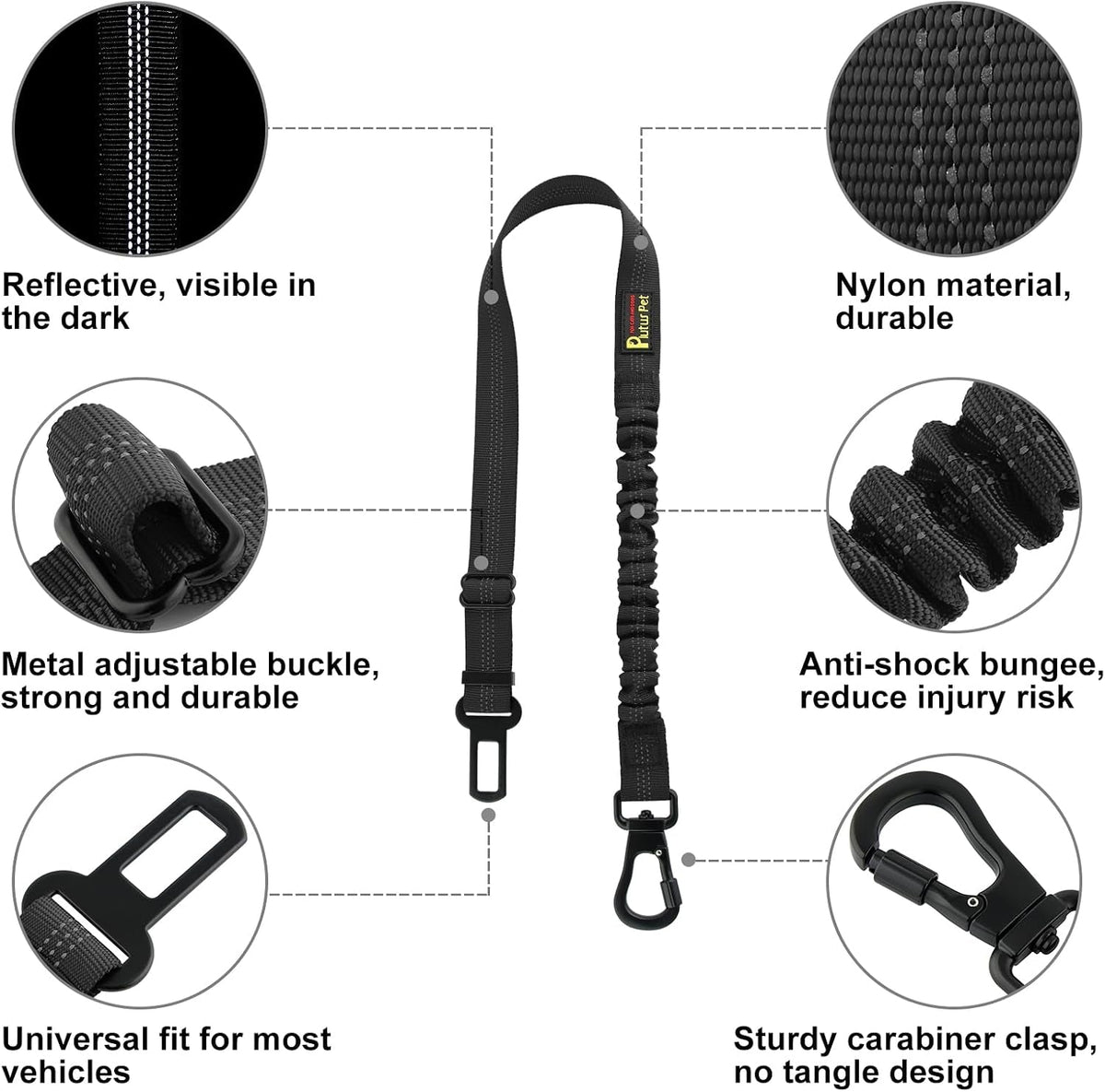 Dog Seat Belt for Car, Adjustable Harness with Elastic Bungee - Petguard